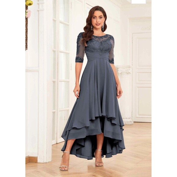 New Mother of the Bride (8) Stormy Blue Chiffon Half Sleeve Hi Lo  Maxi Dress - Picture 11 of 13